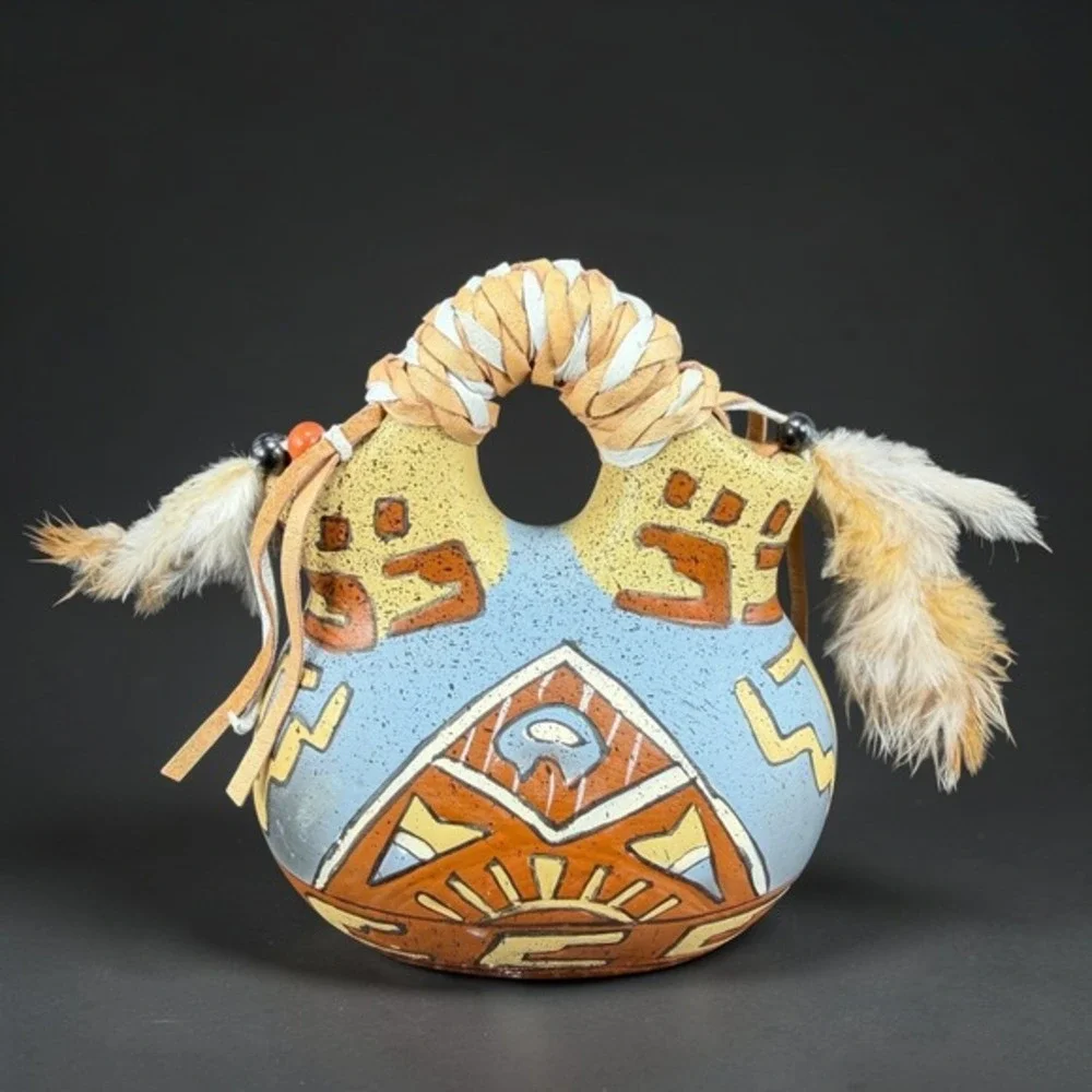 Southwestern Wedding Vase Hand Painted Buffalo Sun Pottery Feather Leather 4inch